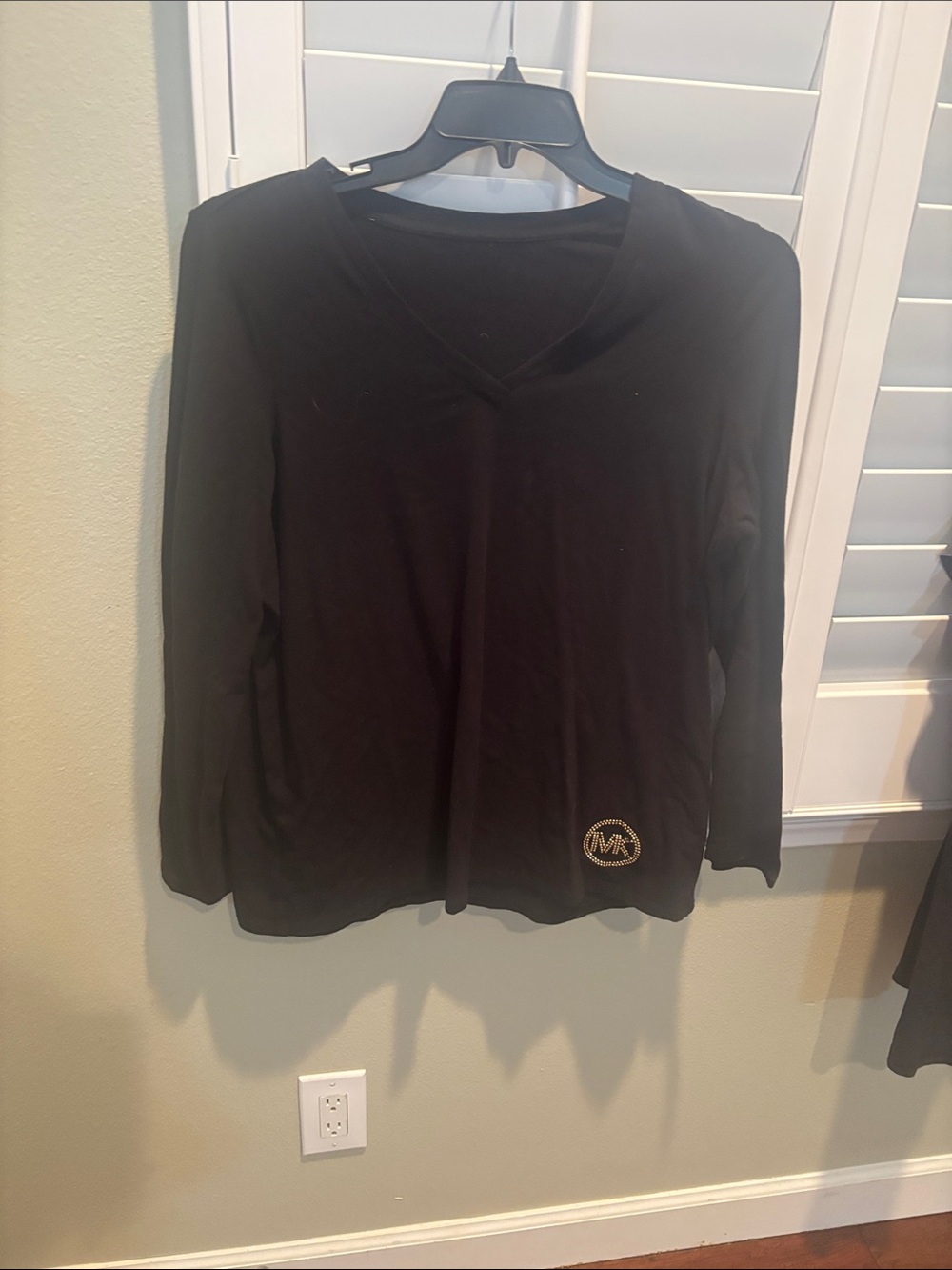 Michael Kors Black Long Sleeve V-Neck Top with Gold Logo